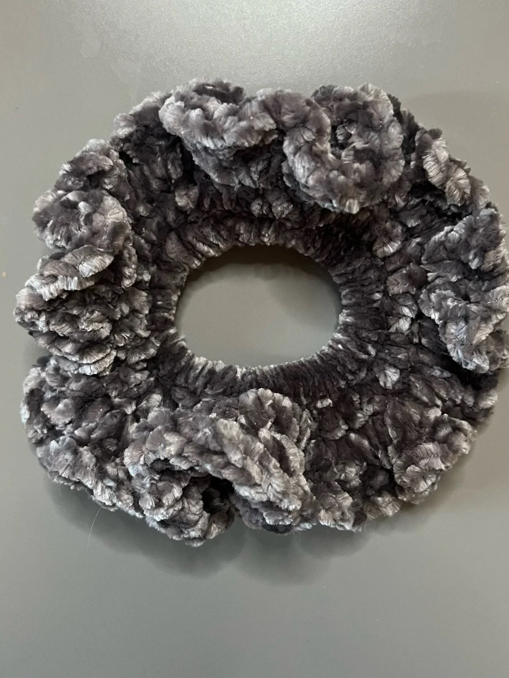 Set of 2 Gray Velvet Crochet Scrunchies Handmade NWT Chenille Hair Ties
